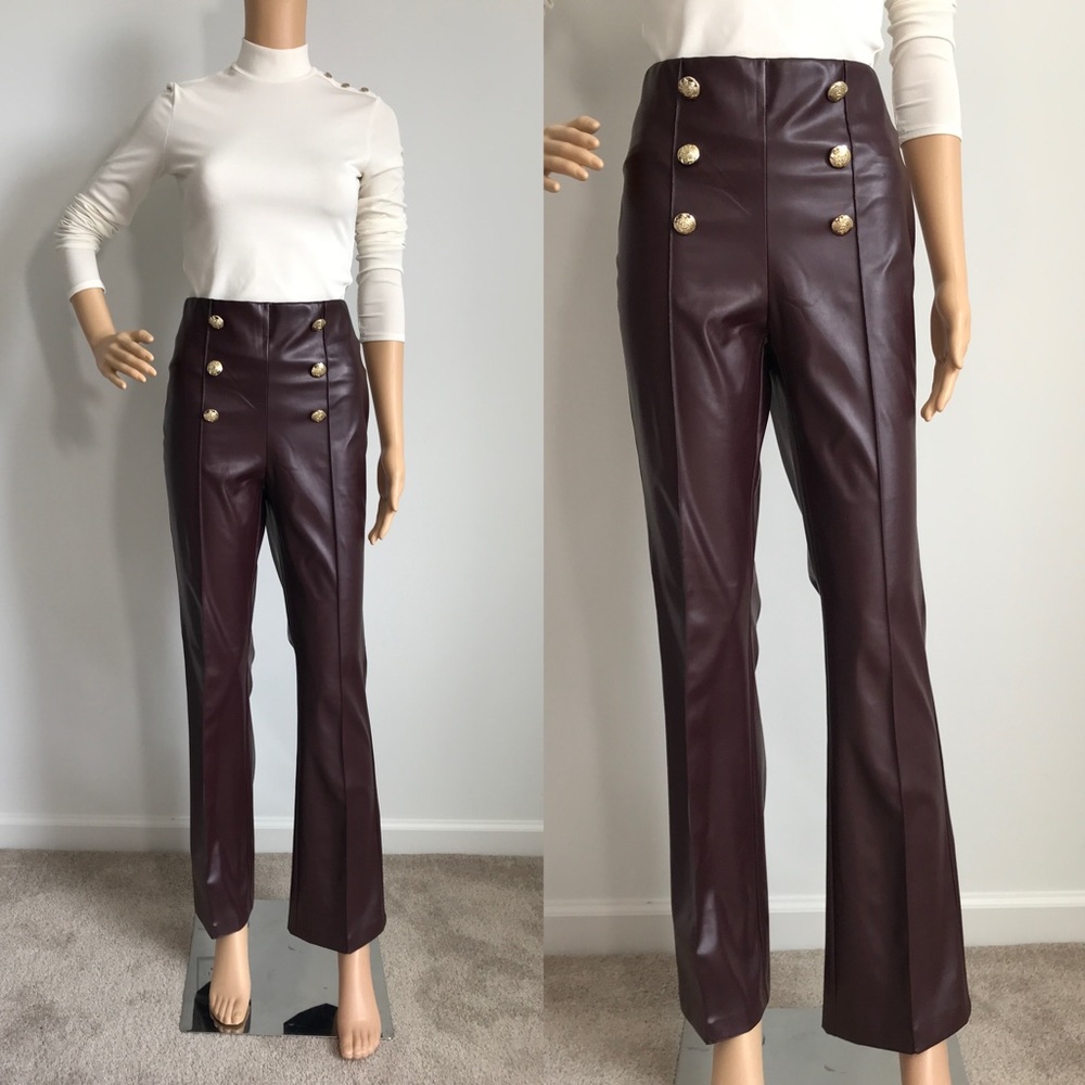 New! Carole Wren Maroon Faux leather pants high-waisted button detail Size 6